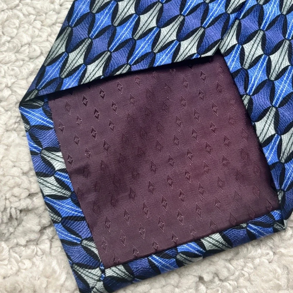Louis Roth Silk Tie Mens OS Blue Silver‎ Geometric Diamond Hand Made Vintage